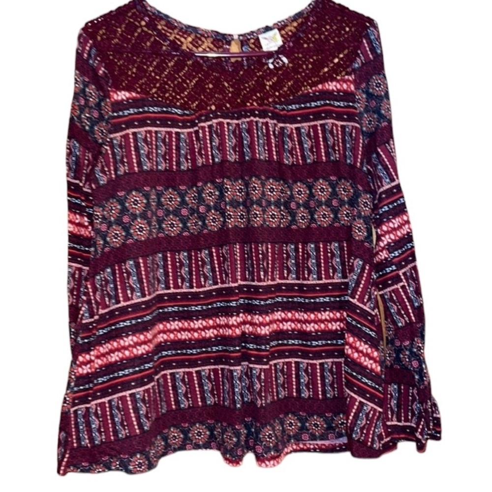 •FADED GLORY•WINE CROCHET LACE LIGHTWEIGHT LONG SLEEVE FLOWY BLOUSE SIZE LARGE